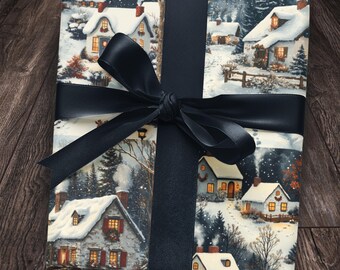 Winter Village Gift Wrap | Snowy Cabins & Trees Holiday Wrapping Paper