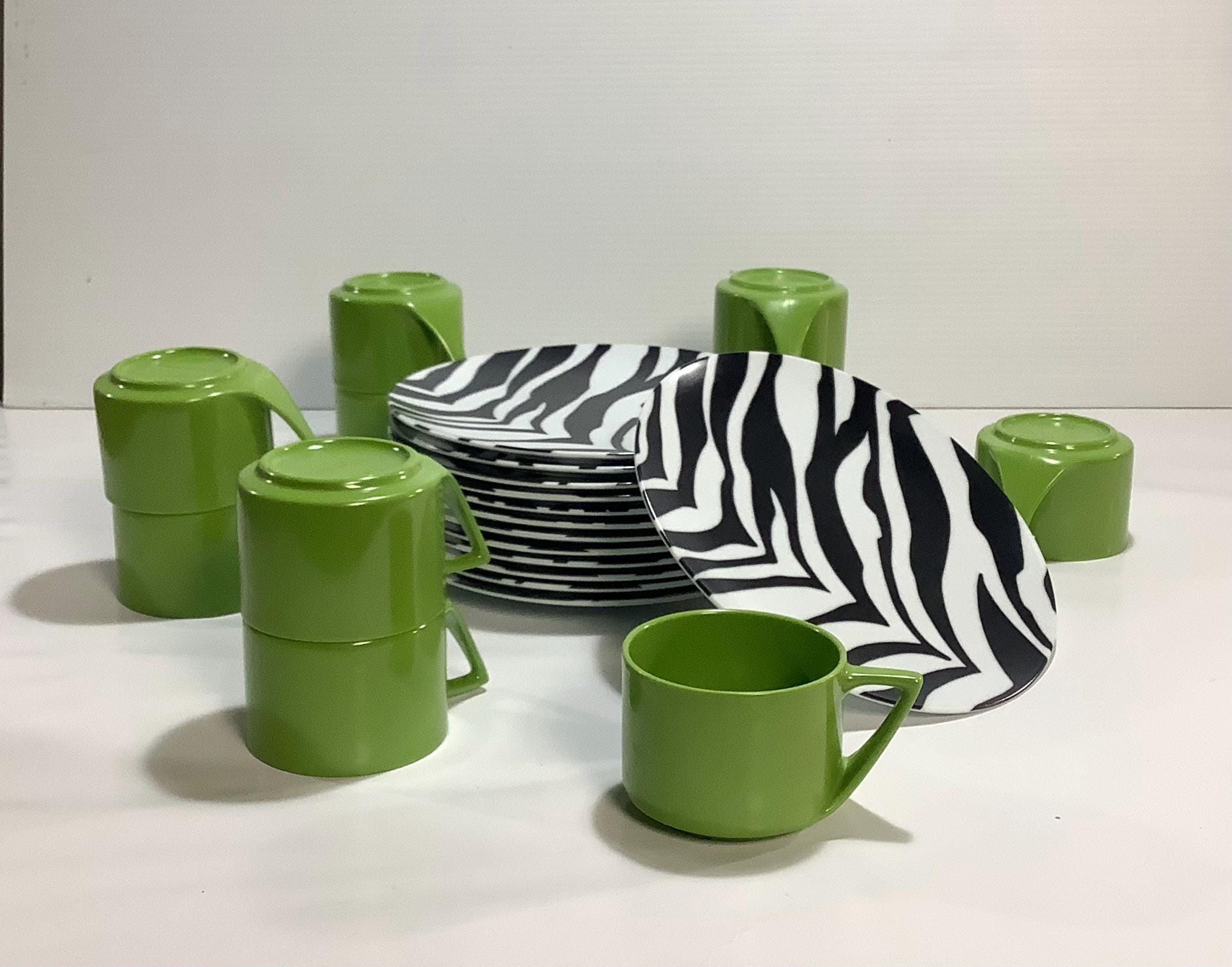 Zany Dish Set With Green Cups And Zebra Plates