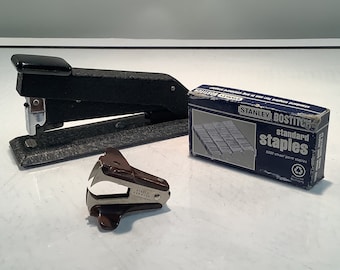 Vintage Black Metal Bostich Stapler With Partial Box of Vintage Bostich Staples and Retro Ace Staple Remover