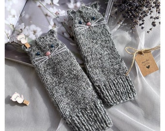 Knitted and embroidered Grey Cats mittens