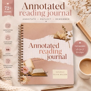 May include: A spiral-bound annotated reading journal with a beige cover featuring the text "Annotated reading journal" and "from the library of OLIVIA WILSON." The cover displays illustrations of open books, flowers, and grid paper patterns.