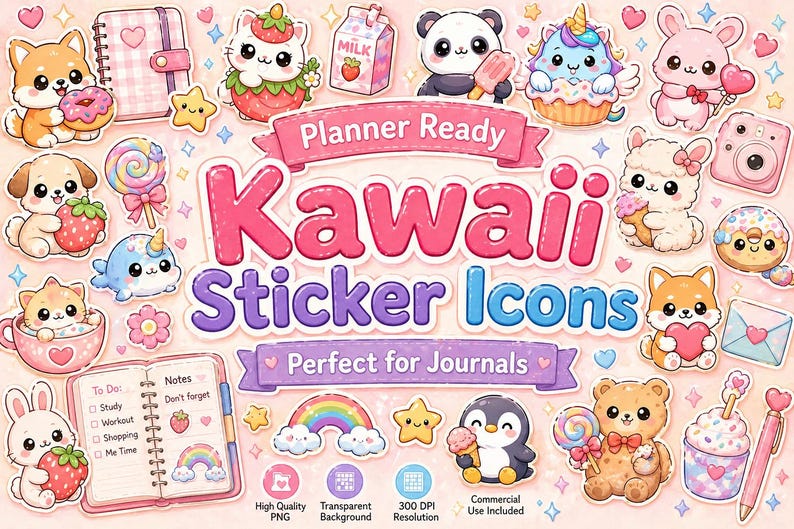 Kawaii Planner Stickers Clipart, Cute PNG Icons, Bullet Journal ...