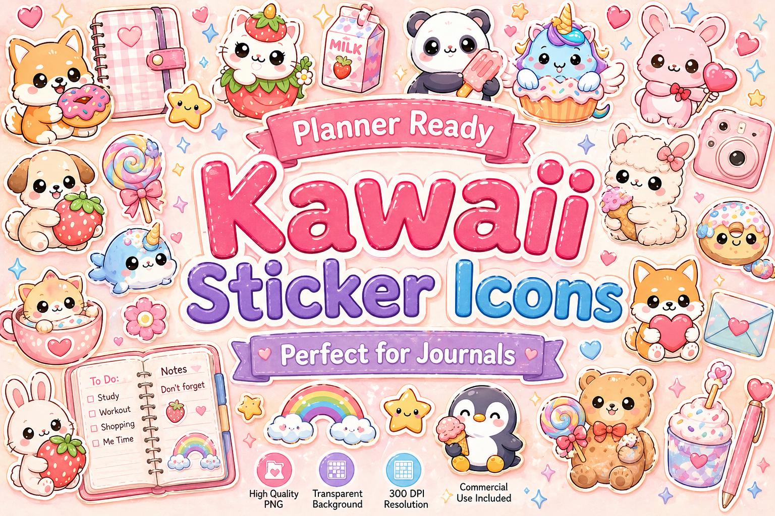 Kawaii Planner Stickers Clipart, Cute PNG Icons, Bullet Journal ...