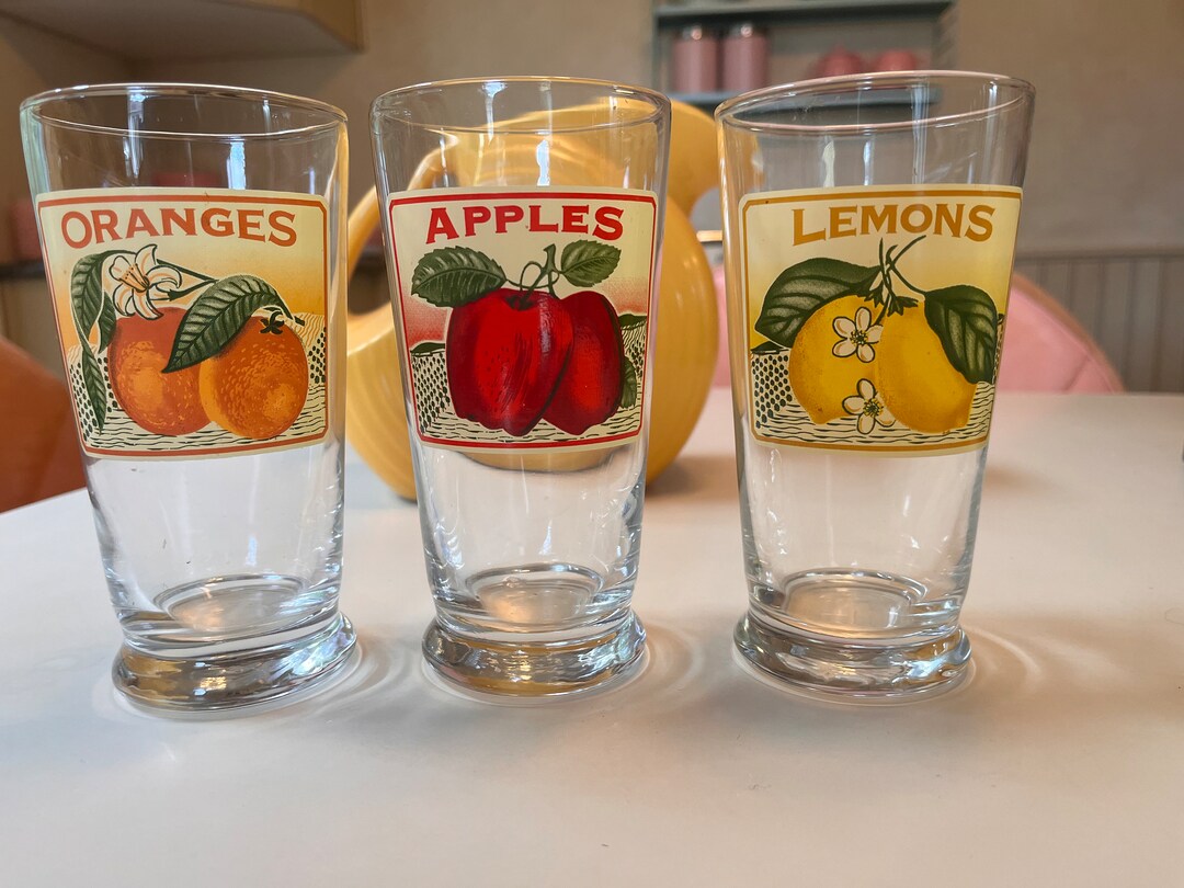 3 Vintage Libbey Fruit Juice Glasses. Oranges Apples Lemons. Etsy