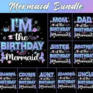 May include: A black background with a "Mermaid Bundle" graphic. The bundle includes designs with mermaid and ocean-themed text, such as "I'm the Birthday Mermaid," "Mom of the Birthday Mermaid," and "Dad of the Birthday Mermaid."