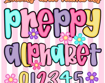 Preppy Alphabet PNG Bundle, Colorful Letters and Numbers Font (Digital Download)