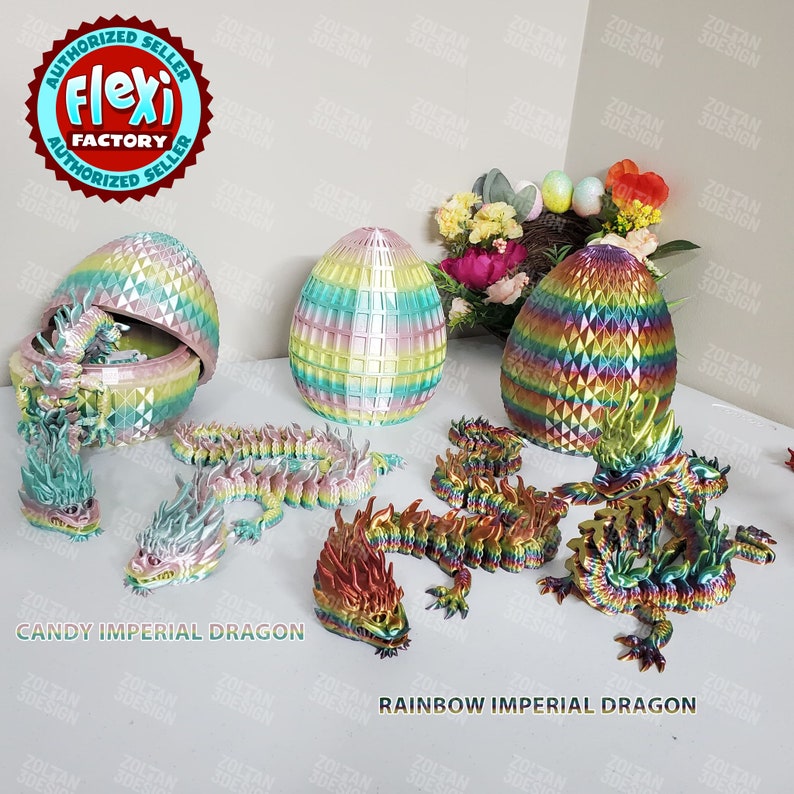 May include: A collection of 3D-printed dragons and Easter egg-shaped containers in vibrant rainbow and pastel colors. The dragons are articulated and detailed, with the text "CANDY IMPERIAL DRAGON" and "RAINBOW IMPERIAL DRAGON" visible.