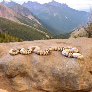 Puede incluir: Una serpiente de color marrón claro con un diseño estampado está enroscada en una gran roca marrón. La serpiente se encuentra en un paisaje montañoso con un bosque verde en el fondo.