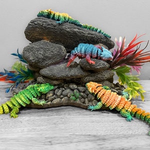 Könnte beinhalten: Vier bunte, segmentierte, eidechsenartige Figuren sind auf einer Felsformation mit grünen und roten Pflanzen angeordnet. Die Eidechsen sind grün, blau, orange und regenbogenfarben.