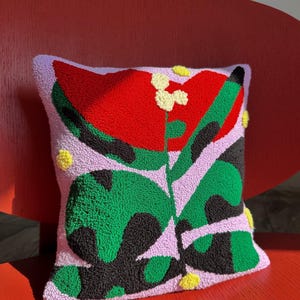 Hand Tufted Punch Needle Pillow Cover, Colorful Embroidered Cushion, Fun Modern Decor