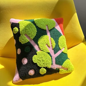 Hand Tufted Punch Needle Pillow Cover, Colorful Embroidered Cushion, Fun Modern Decor