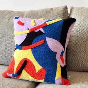 Hand Tufted Punch Needle Pillow Cover, Colorful Embroidered Cushion, Fun Modern Decor