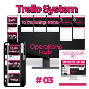 May include: A digital display of a Trello system, with the text "Trello System" in pink. The screen shows "Quick Reference", "Branding", and "Photos" on a smartphone. The text "Operations Hub" and "Workbook #3" are also visible.