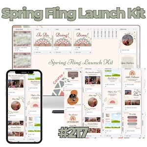 Op de afbeelding: Een digitale marketing launch kit met de tekst "Spring Fling Launch Kit" in een groene lettertype. De afbeelding toont een computermonitor en een smartphone met verschillende marketing templates, waaronder secties "To Do", "Doing" en "Done".