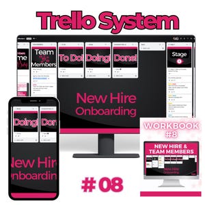 May include: A digital display and smartphone showcasing a Trello system for new hire onboarding. The screen displays "To Do! Doing! Done!" cards, and the phone mirrors the content. A workbook labeled "#8" is also visible.