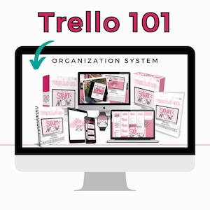 Könnte beinhalten: Ein Computermonitor zeigt ein digitales Organisationssystem mit dem Text "Trello 101" in Pink. Das Bild enthält einen Laptop, ein Tablet, ein Telefon, eine Smartwatch und Arbeitsbücher, die alle das gleiche Design zeigen. Die Worte "Start Now" sind sichtbar.
