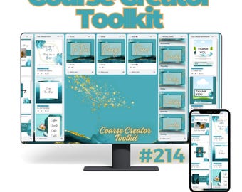 May include: A teal-colored digital display with the text "Course Creator Toolkit" and a smaller mobile phone screen showing a similar interface. The display shows a Trello-like system with cards labeled "To Do", "Doing", and "Done". The number "214" is also visible.