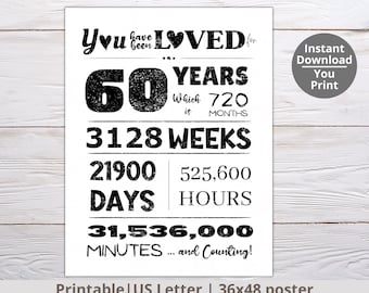 You have been loved 60 years PRINTABLE, 60th Birthday poster, birthday party sign favor, 60th birthday decoration, thirteenth birthday ideas