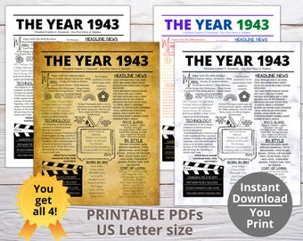 THE YEAR 1943 PRINTABLE 4SET/Year You Were Born/ Remember the Year When/Last Minute Gift/ Birthday Reunion Party Favor / Year In Review 1943
