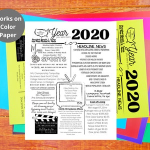 May include: A printable 2020 year in review timeline with headlines, sports, music, and cost of living information. The document is designed to be printed on colored paper.