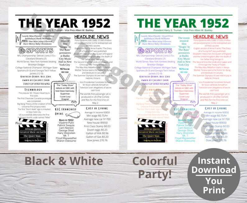 THE YEAR 1952 PRINTABLE 4set/year You Were Born/ Remember the Year When ...