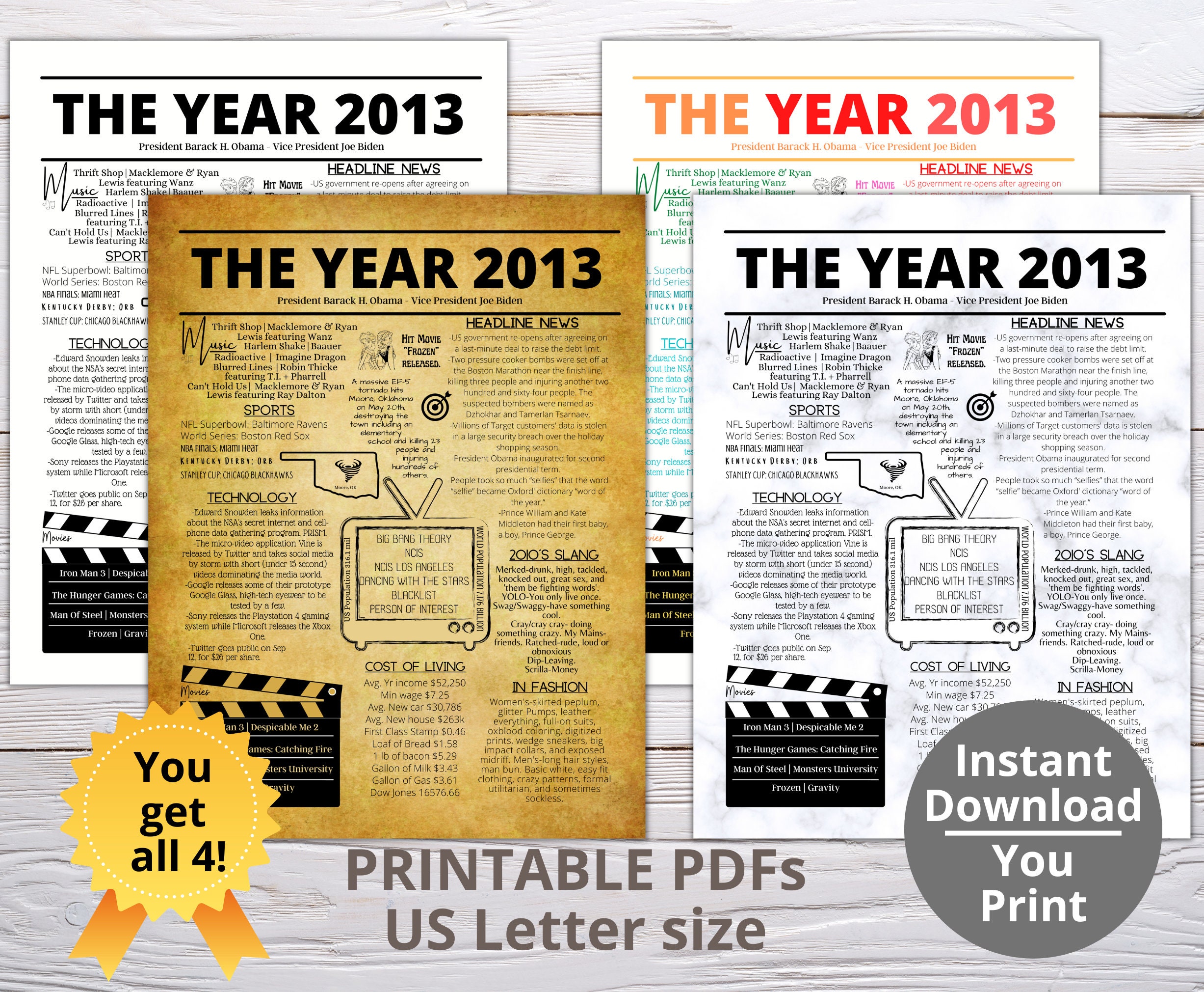 THE YEAR 2013 PRINTABLE 4set/year You Were Born/ Remember