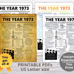 THE YEAR 1973 PRINTABLE 4SET/Year You Were Born/ Remember the Year When/Last Minute Gift/ Birthday Reunion Party Favor / Year In Review 1973