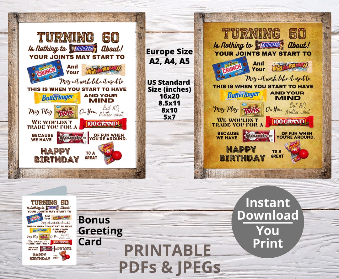 Turning 60 PRINTABLE Candy Poster | 60th Birthday Candy Sign | Birthday ...