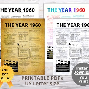 1960 PRINTABLE 4SET Year You Were Born/ Remember the Year When/ Last Minute Gift/ Birthday Party Favor / The Year In Review/ Reunion Party