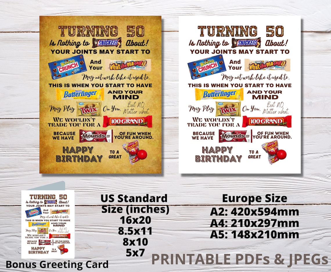 Turning 50 PRINTABLE Candy Poster | 50th Birthday Candy Sign | Birthday ...
