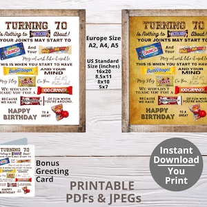 Turning 70 PRINTABLE Candy Poster | 70th Birthday Candy Sign | Birthday Favor Ideas | Candygram | Funny Birthday Gift | DIY Digital