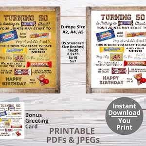 Turning 50 DRUCKBARE Süßigkeiten Poster | 50th Birthday Candy Schild | Geschenkideen zum Geburtstag | Candygramm | Lustiges Geburtstagsgeschenk | DIY Digital