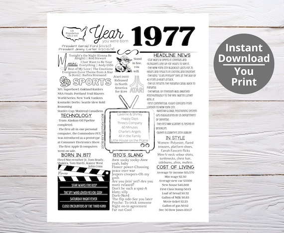 1977 PRINTABLE Year You Were Born/ Remember the Year When/ | Etsy