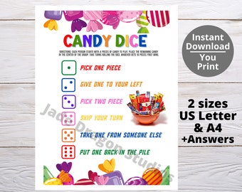 Op de afbeelding: Printbaar Candy Dice spel met kleurrijke snoepillustraties. De spelinstructies zijn: Neem een ​​stuk, Geef er een aan je linkerbuurman, Neem twee stukken, Sla je beurt over, Neem er een van iemand anders, Leg er een terug in de stapel.