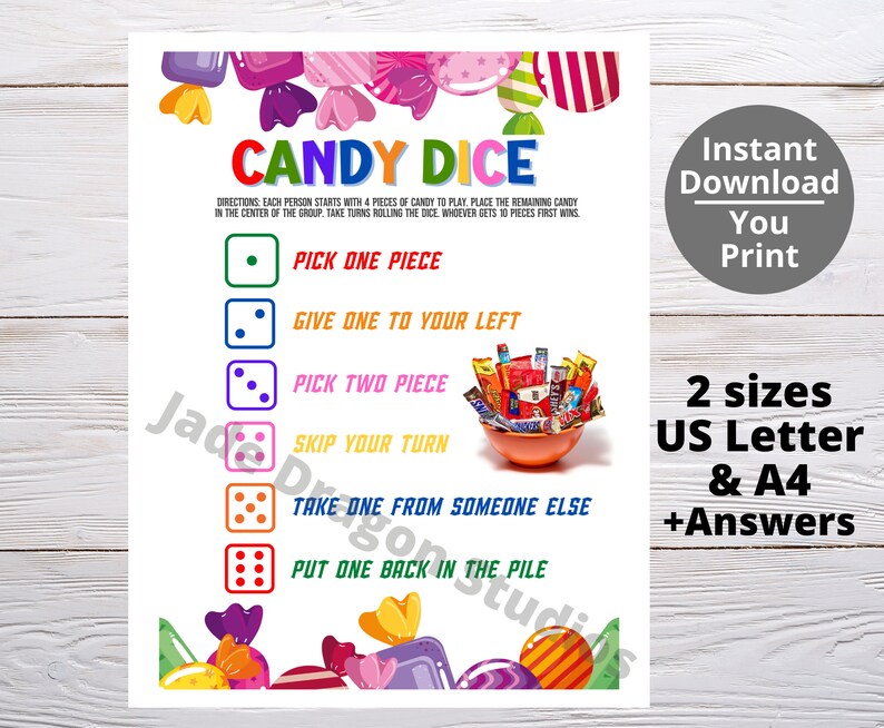 Candy Dice Game Printable| Birthday Games| Family Reunion Holiday Party ...