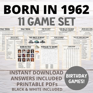 PRINTABLE Born in 1962 Games Bundle, 60th Birthday Party Games, 1962 Trivia Game, 1962 Quiz, 60th Birthday Games, Virtual Birthday Party