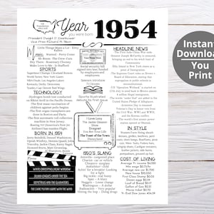 1954 DRUCKBARE Jahr, in dem Sie geboren wurden / erinnern Sie sich an das Jahr, wenn / Last-Minute-Geschenk / Geburtstagspartybevorzugung / Jahr im Rückblick 1954