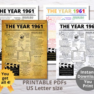 1961 PRINTABLE 4SET Year You Were Born/ Remember the Year When/ Last Minute Gift/ Birthday Party Favor / The Year In Review