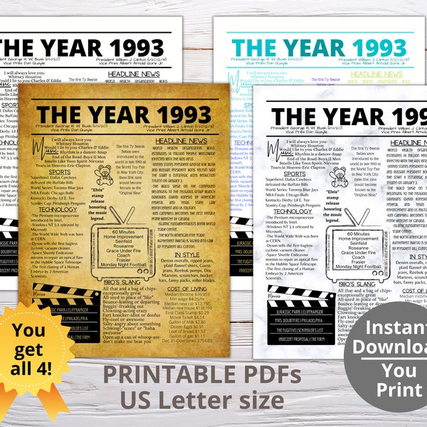 THE YEAR 1993 PRINTABLE 4SET/Year You Were Born/ Remember the Year When/Last Minute Gift/ Birthday Reunion Party Favor / Year In Review 1993