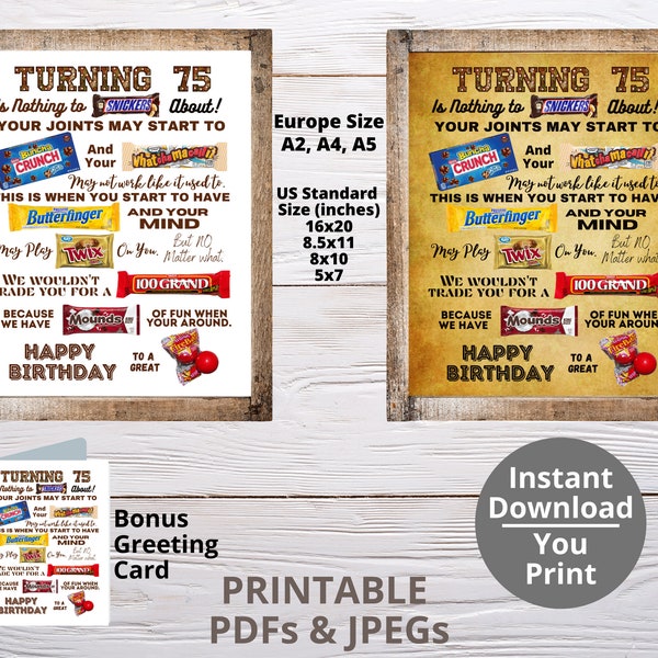 Turning 75 PRINTABLE Candy Poster | 75th Birthday Candy Sign | Birthday Favor Ideas | Candygram | Funny Birthday Gift | DIY Digital