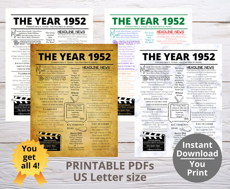 THE YEAR 1952 PRINTABLE 4set/year You Were Born/ Remember the - Etsy