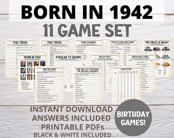 May include: A set of 11 printable birthday games for someone born in 1942. The games include trivia, word scrambles, and matching games. The games are black and white and have a vintage look.