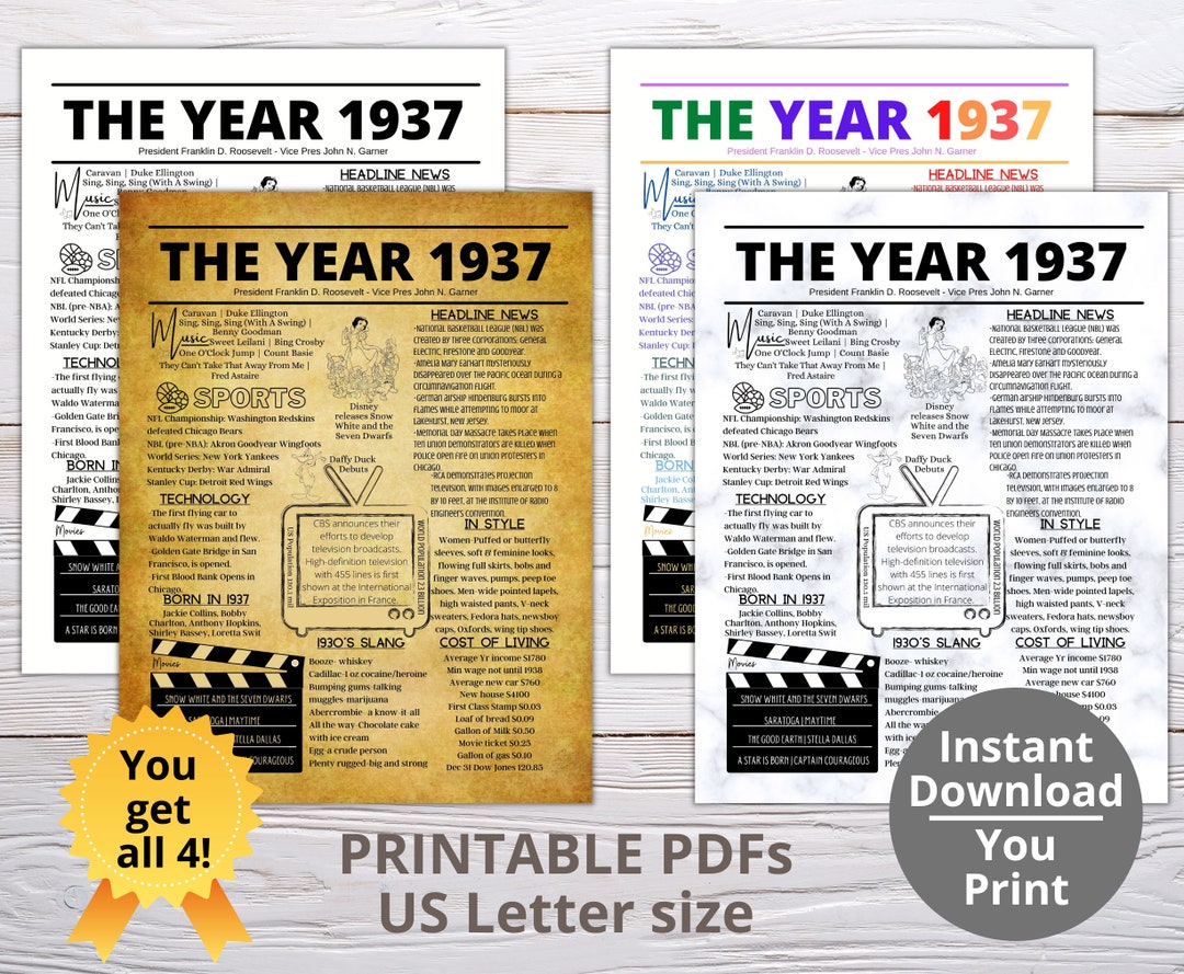 THE YEAR 1937 PRINTABLE 4set/year You Were Born/ Remember the Year When ...