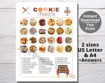 Cookie Match Game imprimable -Jeux de fête d'anniversaire pour enfants adolescents adultes | Activité de classe du bureau de l'église | Plaisir de cuisiner la nuit des filles endormies