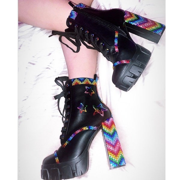 Rainbow Rhinestoned Boots - Made to order