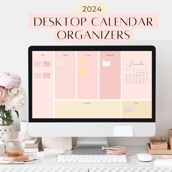 Desktop Hintergrundbilder Organizer in Rosa | Tischkalender 2024 | Ordnersymbole Mac & Windows | Computer Hintergrund Kalender