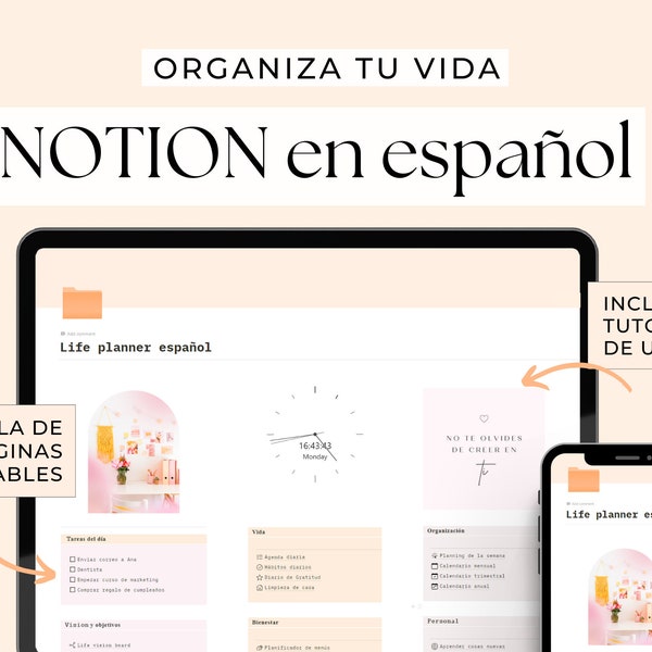 Plantilla de Notion en español. 24 Páginas editables de Life Planner para organizar tu vida en Notion