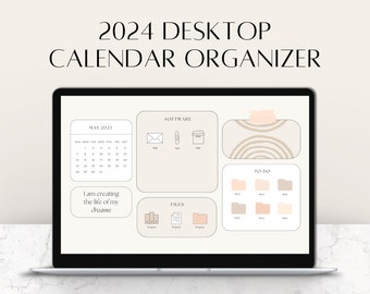 Desktop Wallpaper Organizer in neutral colors | Editable Calendar 2024 computer backgrounds + Folder Icons for PC and Mac