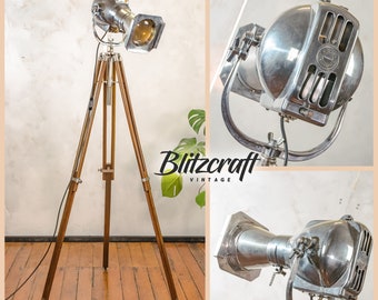 Polished Strand Electric Patt 23N 1960s Theatre lamp on Teak wooden Adjustable Tripod - Antique shiq Upcycled Spotlight Floor lamp