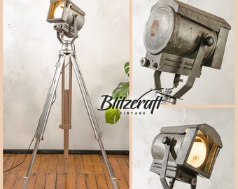 Retro Falconet & Cie Paris Patina Grey Vintage Theatre lamp on a Aluminium Surveyors Tripod - Industrial home decor Studio Floorlamp